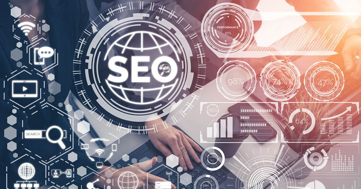 SEO &mdash; Search Engine Optimization for Online Marketing Concept. Modern graphic interface showing symbols of keyword research, marketing icons, market analysis percentages, and more.