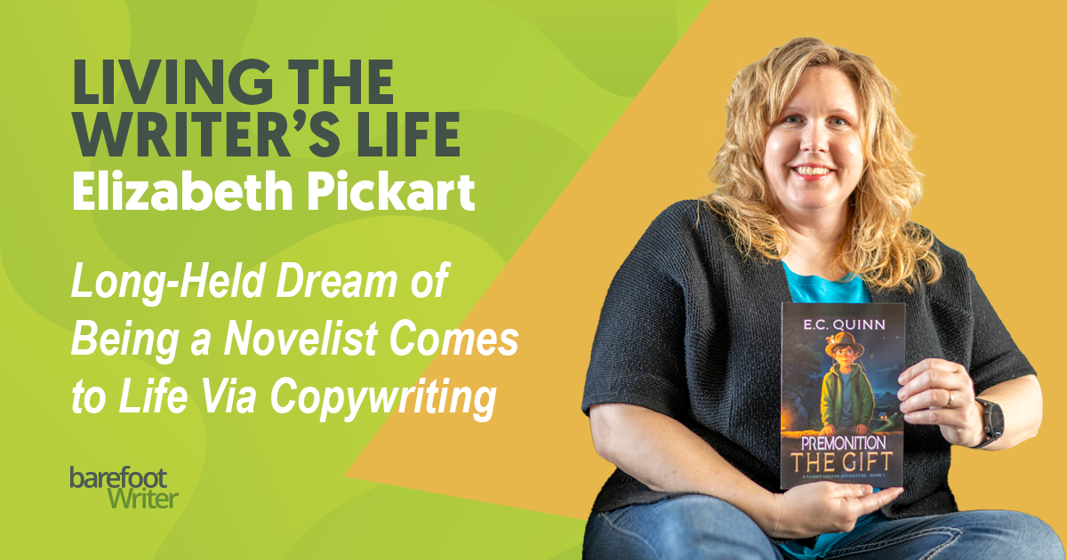 Elizabeth holds an advance copy of her middle-grade
	fiction novel, Premonition: The Gift, written under pen
	name E.C. Quinn and set to debut this month.