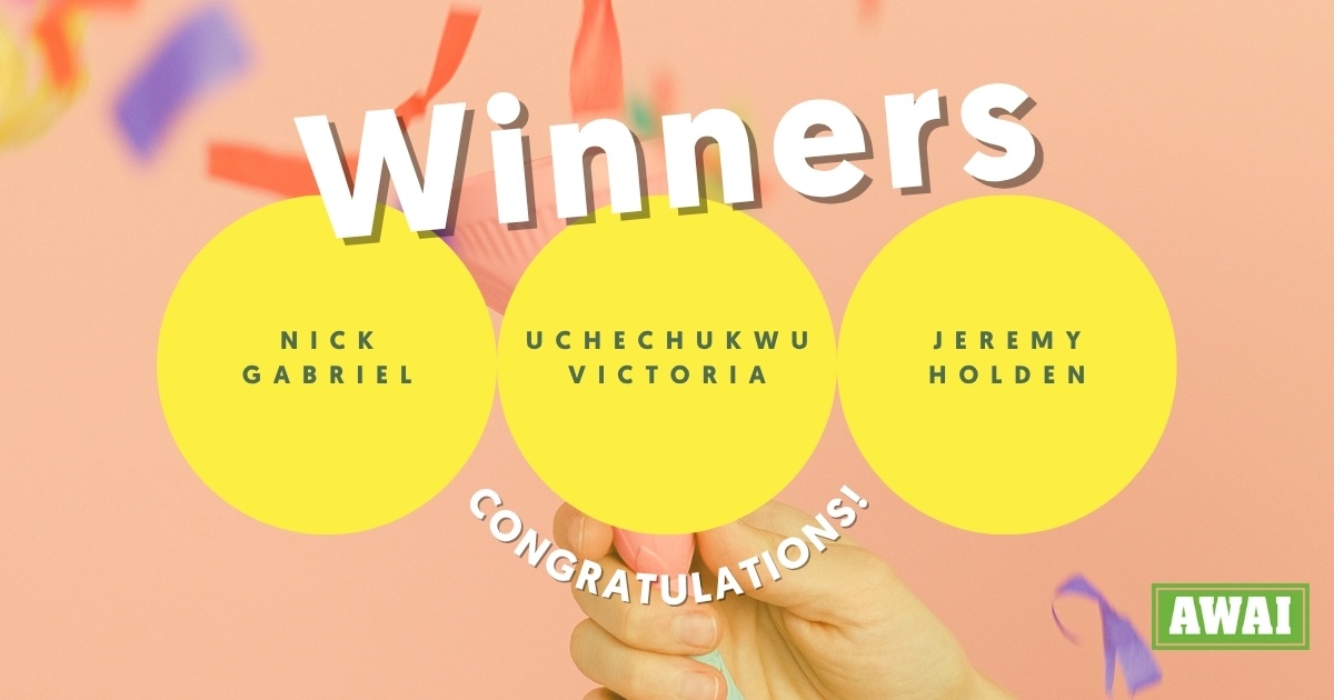 Banner announcing Nick Gabriel, ,Uchechukwu Victoria, and Jeremy Holden the winneers of the May writing contest.