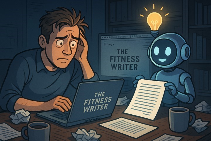 Stressed writer at laptop labeled ‘The Fitness Writer’ while a cheerful robot with a glowing light bulb helps by holding up a completed page.