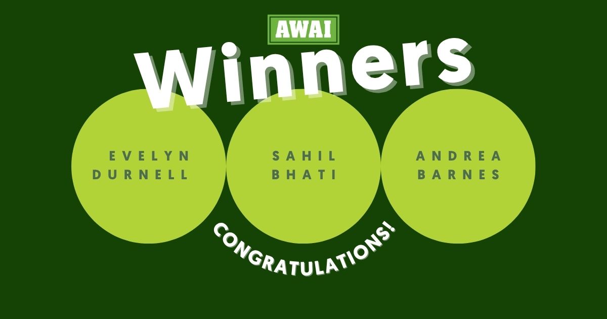 Banner announcing Evelyn Durnell, Sahil Bhati, and Andrea Barnes as the winners of the September writing contest
