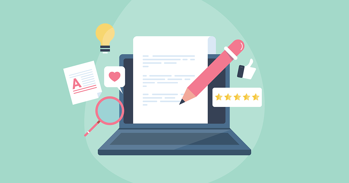 Illustration of a laptop displaying a written document, surrounded by icons for editing, ideas, search, feedback, and star ratings, representing writing, review, and content optimization.
