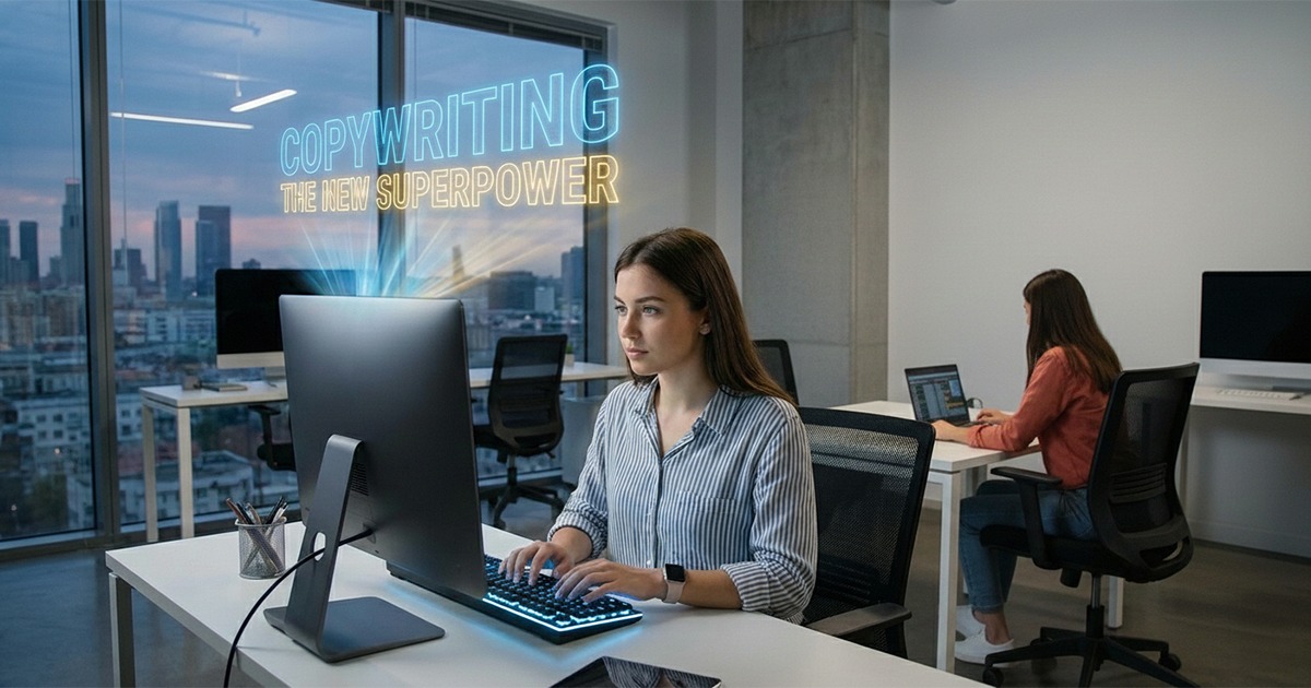 Modern office workspace with a woman typing at a desktop computer, city skyline visible through large windows, while another person works at a desk in the background; glowing text above the monitor reads &ldquo;Copywriting: The New Superpower.&rdquo;
