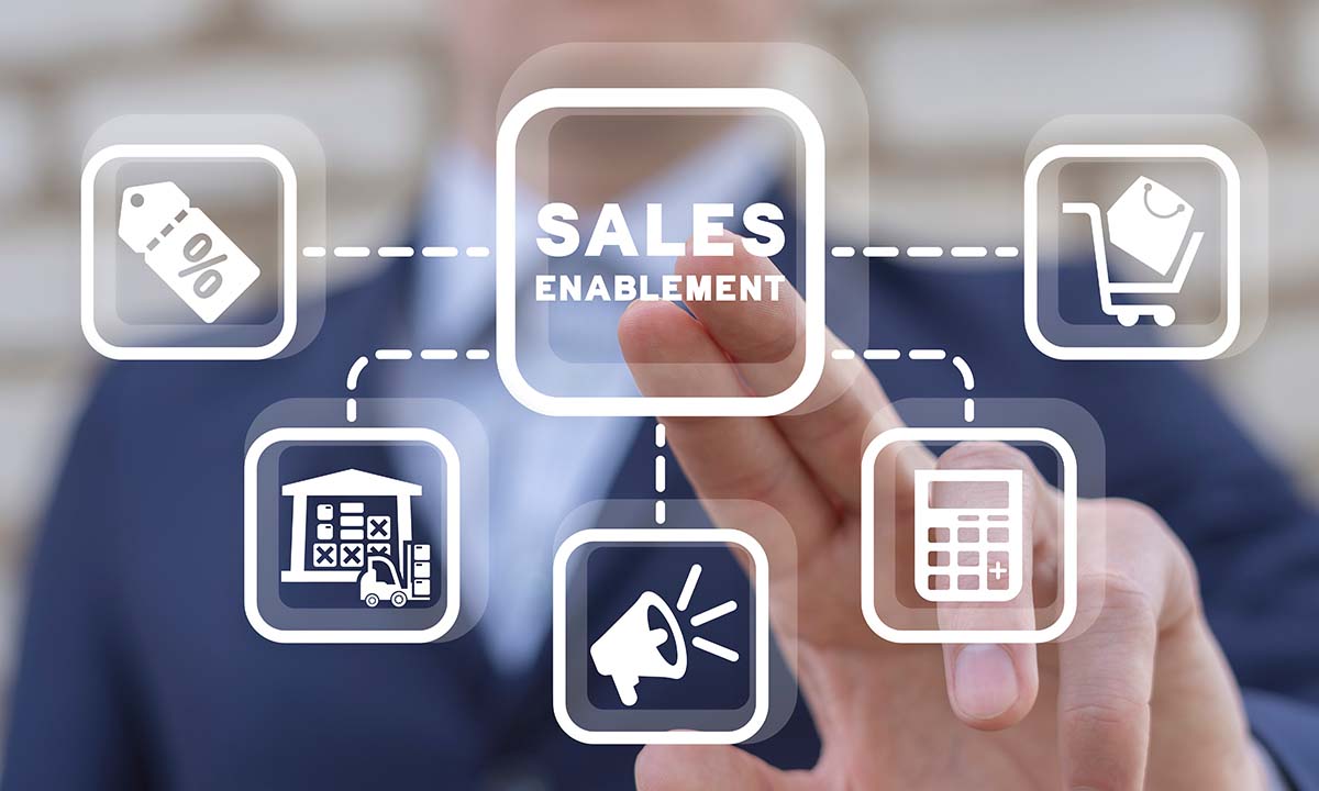 A person in a business suit interacting with a digital interface showing a 'Sales Enablement' icon connected to other business icons.