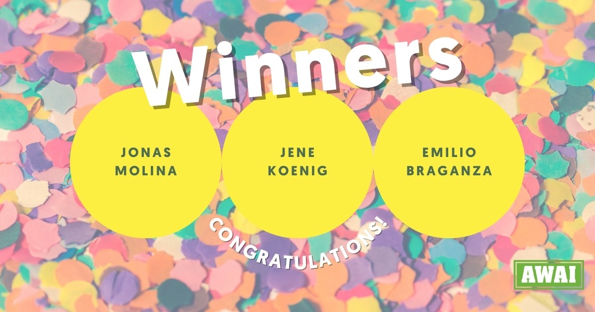 Banner announcing Jonas Molina, Jene Koenig, and Emilio Braganza as the winners of the May new writers contest