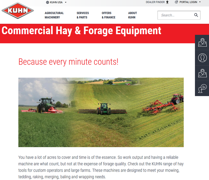 Screenshot of Kuhn&rsquo;s commercial hay and forage equipment main page