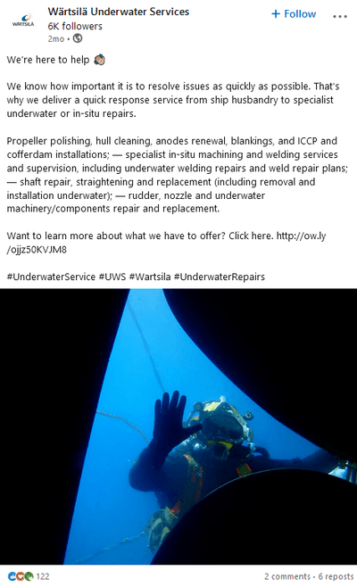 Screenshot of LinkedIn post from W&auml;rtsil&auml; Underwater Services