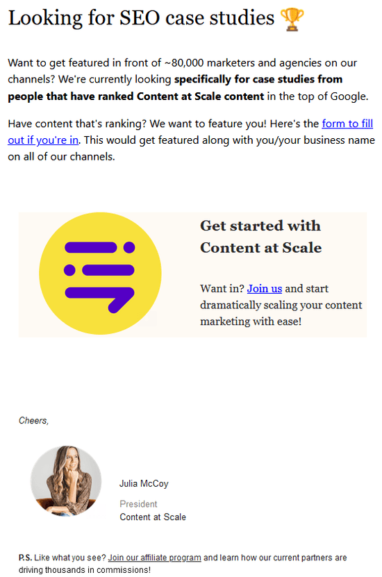 Screenshot of the call to action and signoff for Content at Scale&rsquo;s e-newsletter