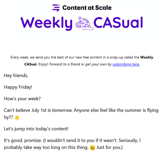 Screenshot of the introduction to Content at Scale&rsquo;s e-newsletter