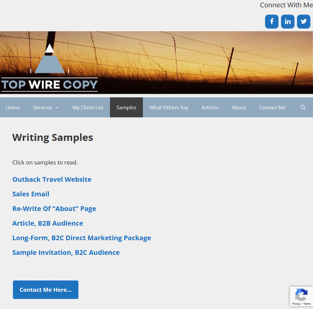 Screenshot of Andrew Murray&rsquo;s samples on his website Top Wire Copy
