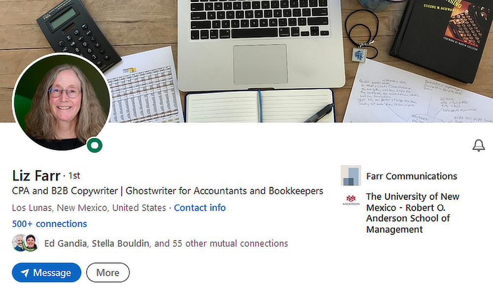 Screenshot of Liz Farr&rsquo;s LinkedIn profile