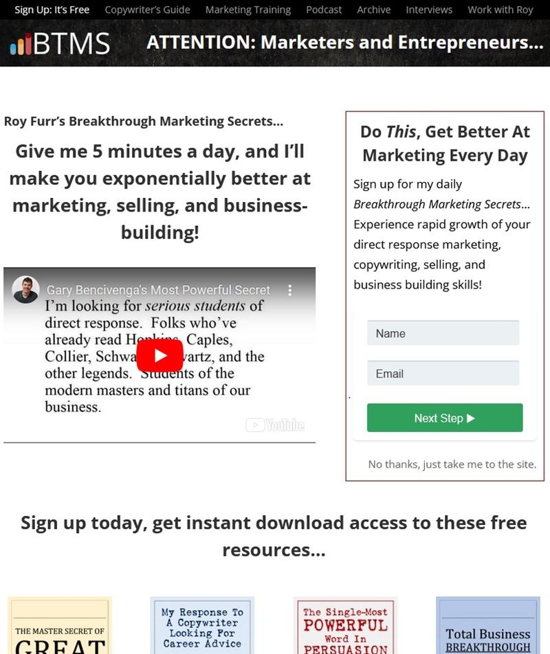 Screen shot of Roy Furr&rsquo;s website Breakthrough Marketing Secrets