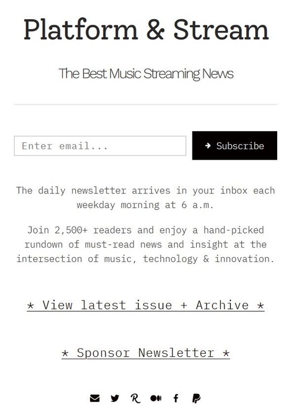 Screen shot of Platform & Stream&rsquo;s e-newsletter sign-up page