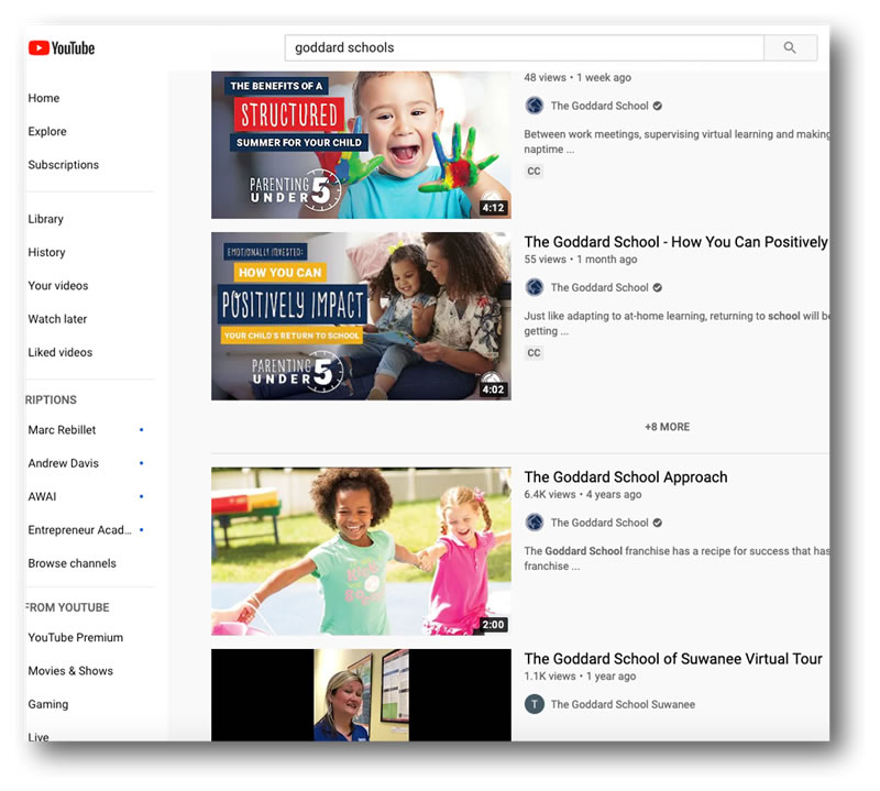 A screenshot of a YouTube search for the term &ldquo;Goddard Schools&rdquo;