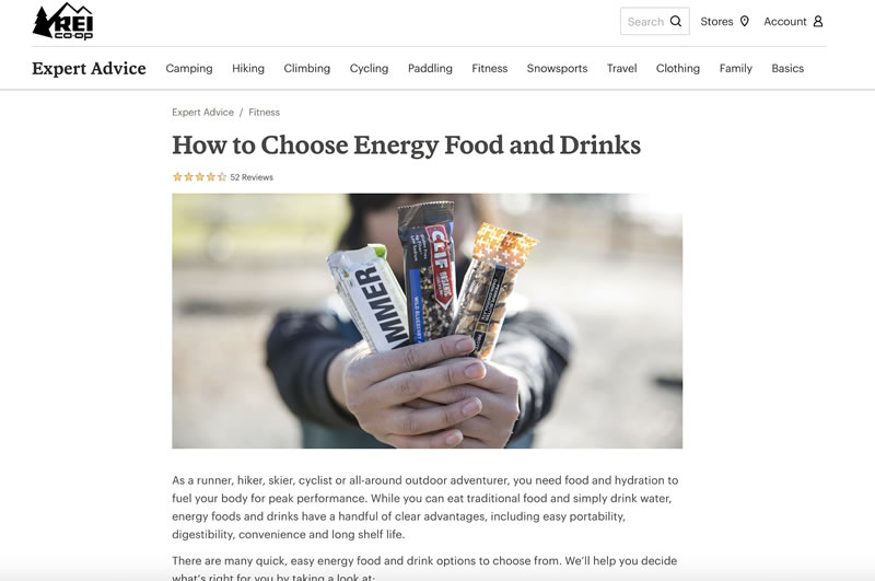A screenshot of REI&rsquo;s blog post on how to choose energy foods and drinks