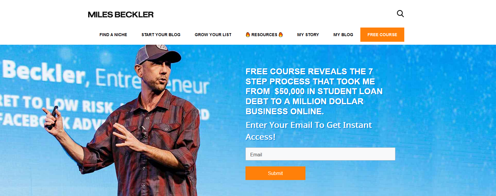 Screen shot of Miles Beckler&rsquo;s home page with lead magnet prompt.