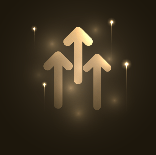 Three glowing gold arrows pointing upward against a dark background, symbolizing growth, progress, and upward momentum.
